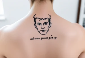 Rick Astley Face and Never Gonna Give You Up text tattoo idea