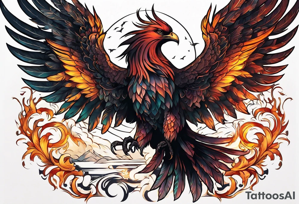 phoenix flying out of an alter made of skulls tattoo idea