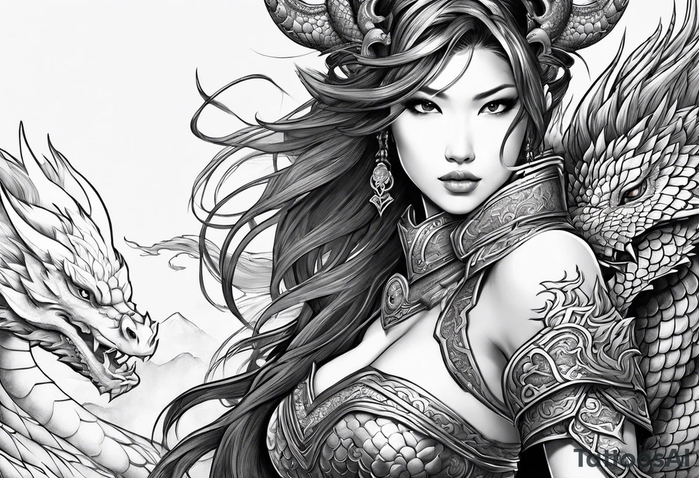 beautiful warrior woman wearing dragon armor and a dragon flying tattoo idea
