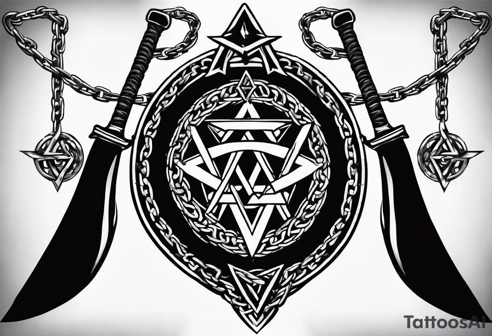 Valhalla  sword shield axe barbed wire chains valknut tattoo idea
