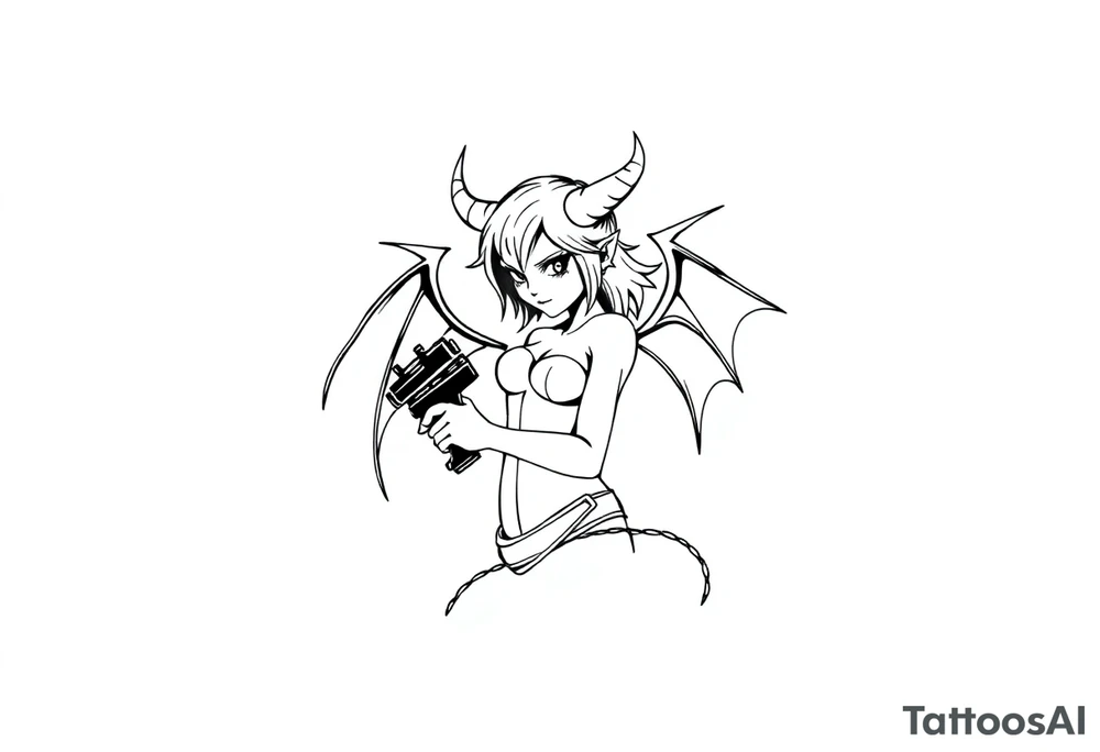 demon girl holding gun tattoo idea