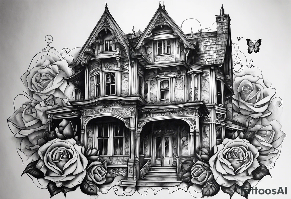 fool sleeve,, abandoned old gotic house, broken sword, roses, tattoo idea