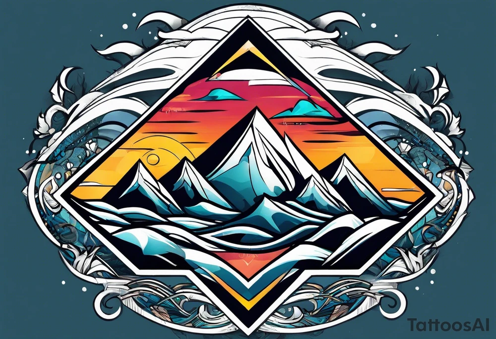 Mountains and ocean waves  crashing diamond shape tattoo idea