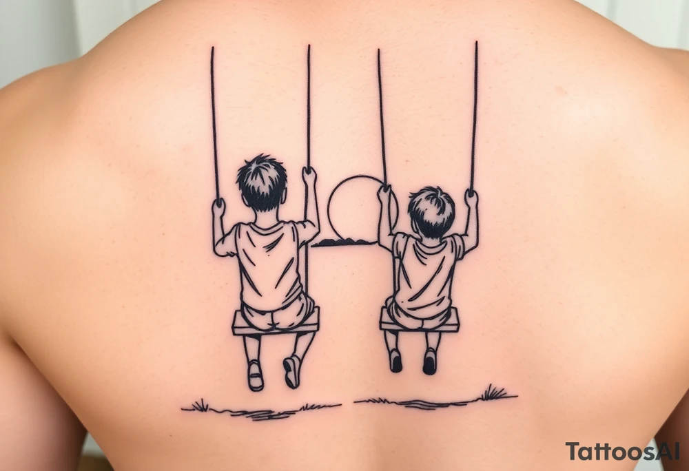 2 boys swinging on swings at a park while the sun is setting tattoo idea