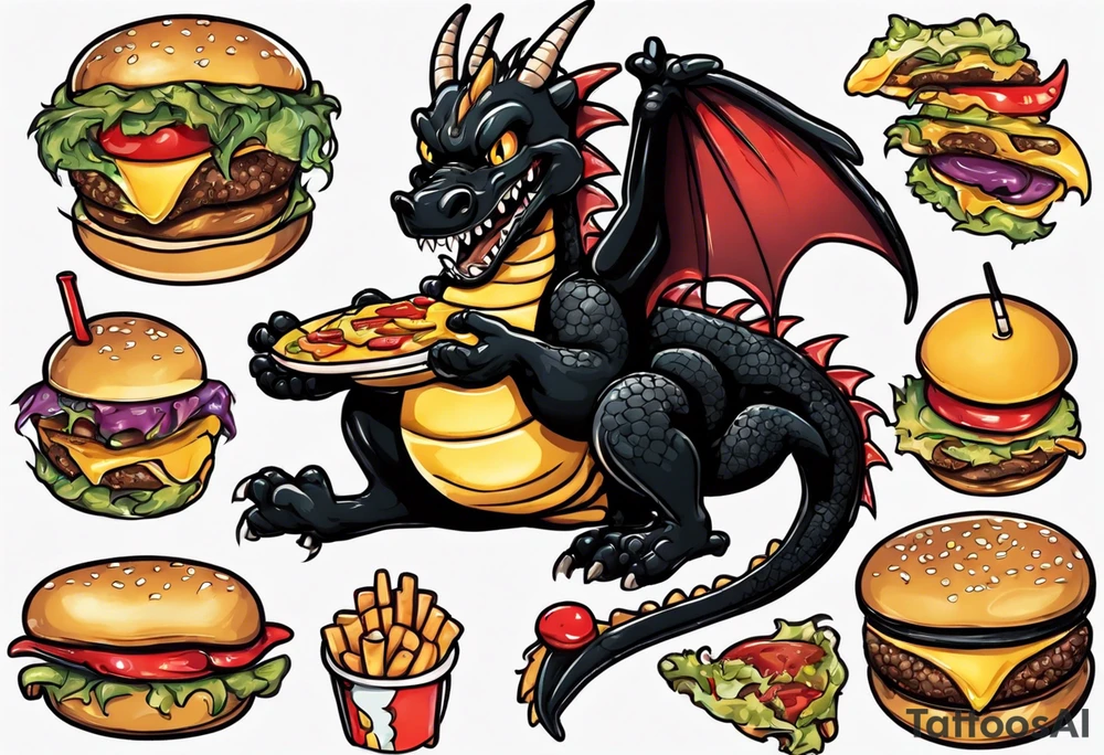 full body happy black dragon eating a cheeseburger tattoo idea