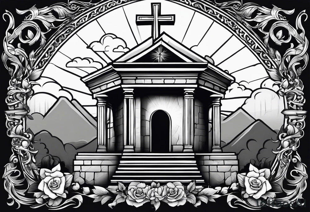 Tomb with cross and sun in the background tattoo idea