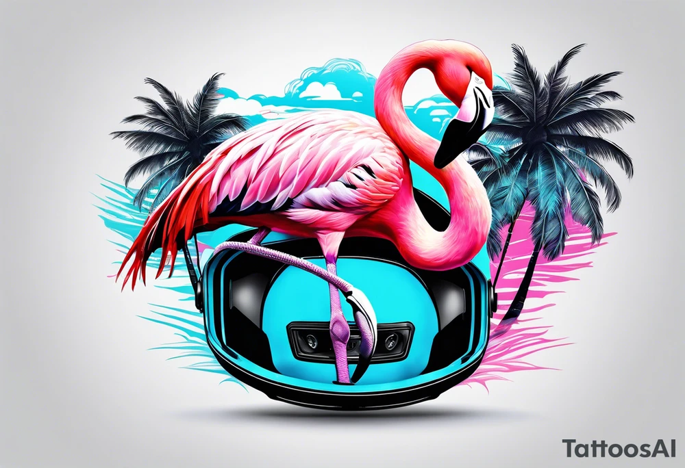 formula 1 helment with a palm tree a flamingo and black light blue and pink colors tattoo idea