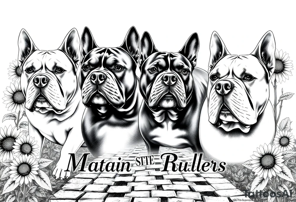 Different American bully portraits in black and white in the background incorporate sunflowers, an old road made from pavers the words Mountain State Bullies tattoo idea