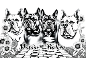 Different American bully portraits in black and white in the background incorporate sunflowers, an old road made from pavers the words Mountain State Bullies tattoo idea