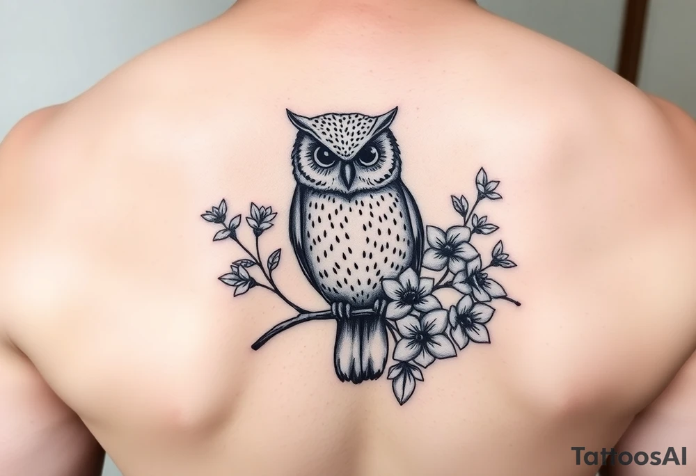 Cute owl sitting on a branch of violets tattoo idea