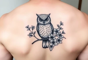 Cute owl sitting on a branch of violets tattoo idea