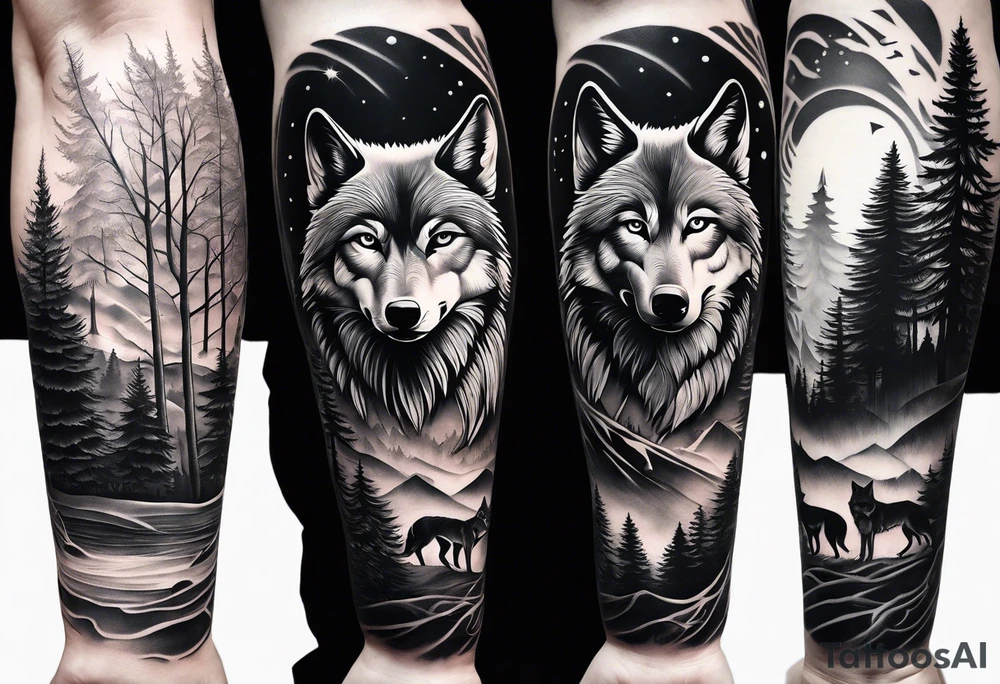 forearm sleeve with wolf cubs and PNW trees tattoo idea