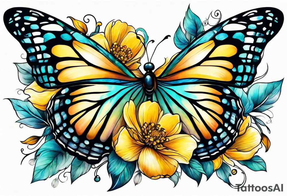 Sleeve with yellow and aqua flowers and butterflies tattoo idea