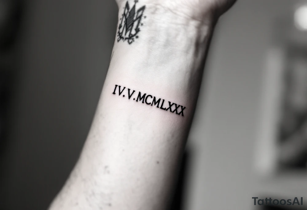 Minimalist IV.V.MCMLXXX tattooed in fine-line black ink on the inner forearm for a birthdate tribute. tattoo idea