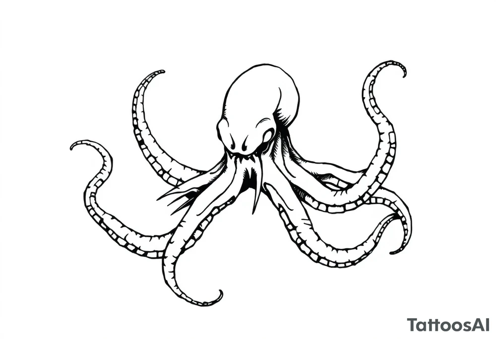 A minimalist blackwork tattoo design of an evil kraken The kraken is viewed from a 45-degree angle facing left, with its head centered. The tentacles extend only to the left and right, with none going downward beneath the head. The style is clean, fine-line detailing with bold outlines, avoiding heavy shading. The tentacles should be fluid, aggressive, and striking, enhancing the menacing and eerie look of the kraken while maintaining a cohesive design for a tattoo sleeve. tattoo idea