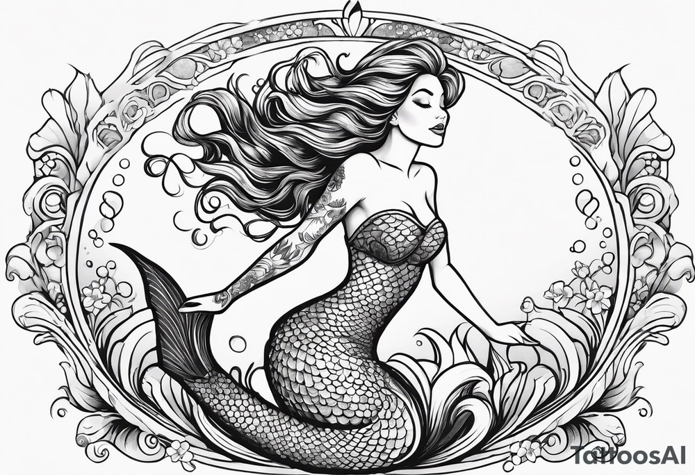 Mermaid full body, curvy, one arm up in the air, smiling tattoo idea