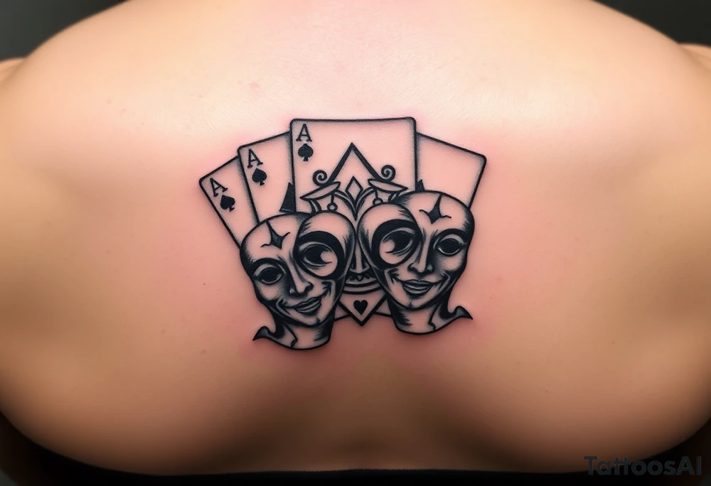 5 playing cards surrounded by twin Gemini zodiac sign and smile now cry later masks tattoo idea