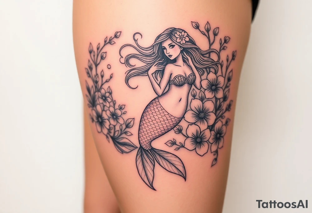 ethereal mermaid with flowing hair among coral and sea flowers tattoo idea