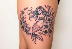 ethereal mermaid with flowing hair among coral and sea flowers tattoo idea