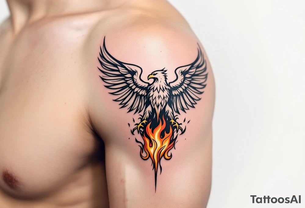 A mighty eagle emerging from golden flames, symbolizing rebirth, resilience, and the indomitable spirit of Silesia. The flames transition from deep red to gold, adding depth and intensity. tattoo idea