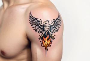 A mighty eagle emerging from golden flames, symbolizing rebirth, resilience, and the indomitable spirit of Silesia. The flames transition from deep red to gold, adding depth and intensity. tattoo idea