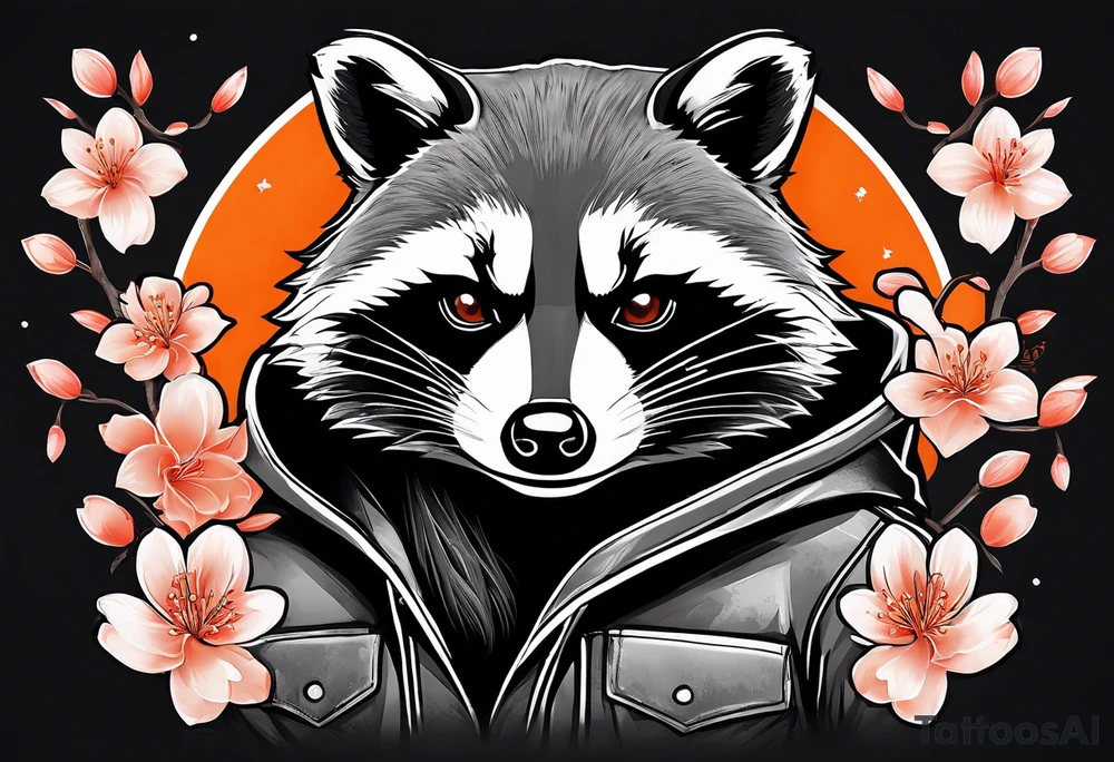 Raccoon wearing a white Superman logo on a black hoodie and orange Japanese cherry blossoms beside tattoo idea