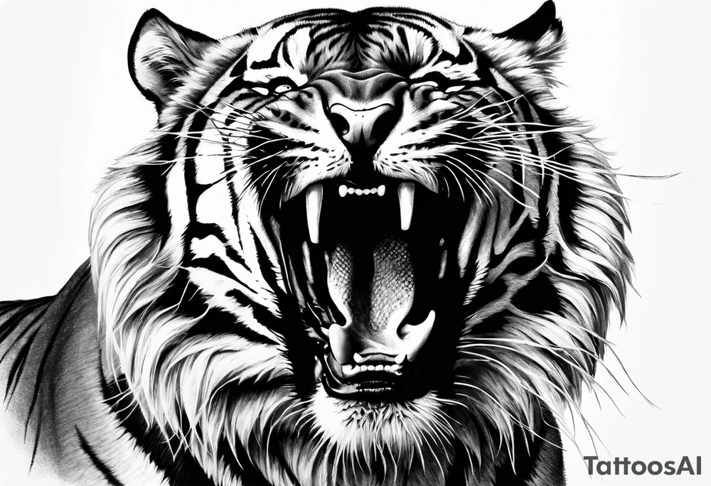 Photo Realism, highly detailed, Fierce tiger roaring tattoo idea