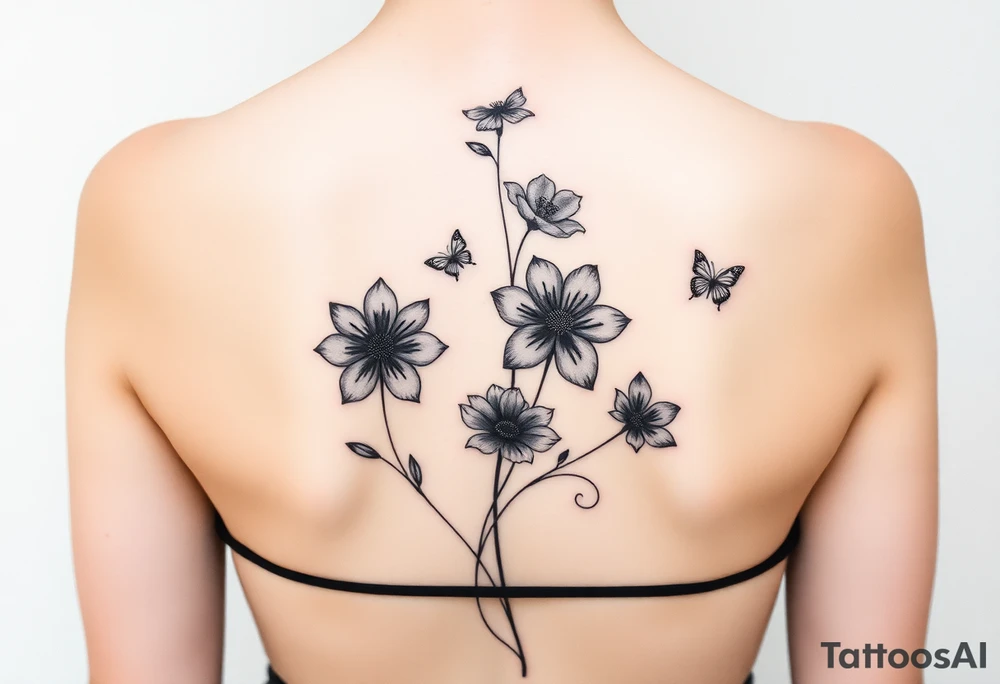 4 flowers vertical with small butterflies and swirls tattoo idea