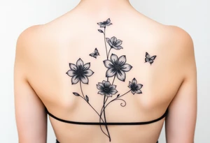 4 flowers vertical with small butterflies and swirls tattoo idea