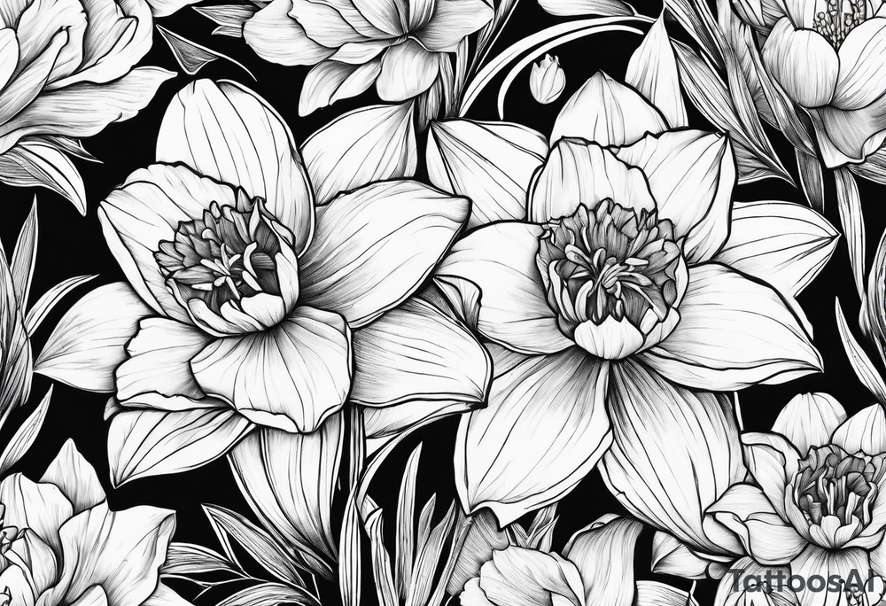 Daffodil, water Lily, larkspur, mountain tattoo idea