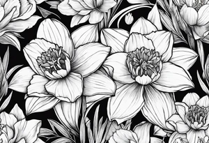 Daffodil, water Lily, larkspur, mountain tattoo idea