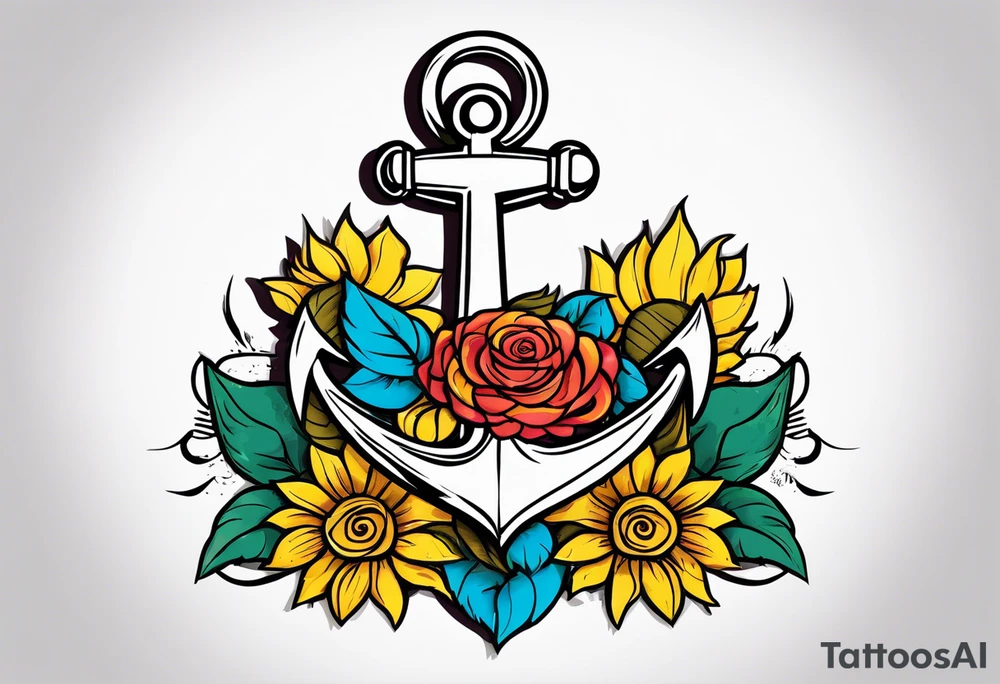 Anchor, wrapped in rope, with sunflowers and roses 
throughout, thigh tattoo tattoo idea