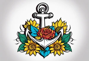 Anchor, wrapped in rope, with sunflowers and roses 
throughout, thigh tattoo tattoo idea