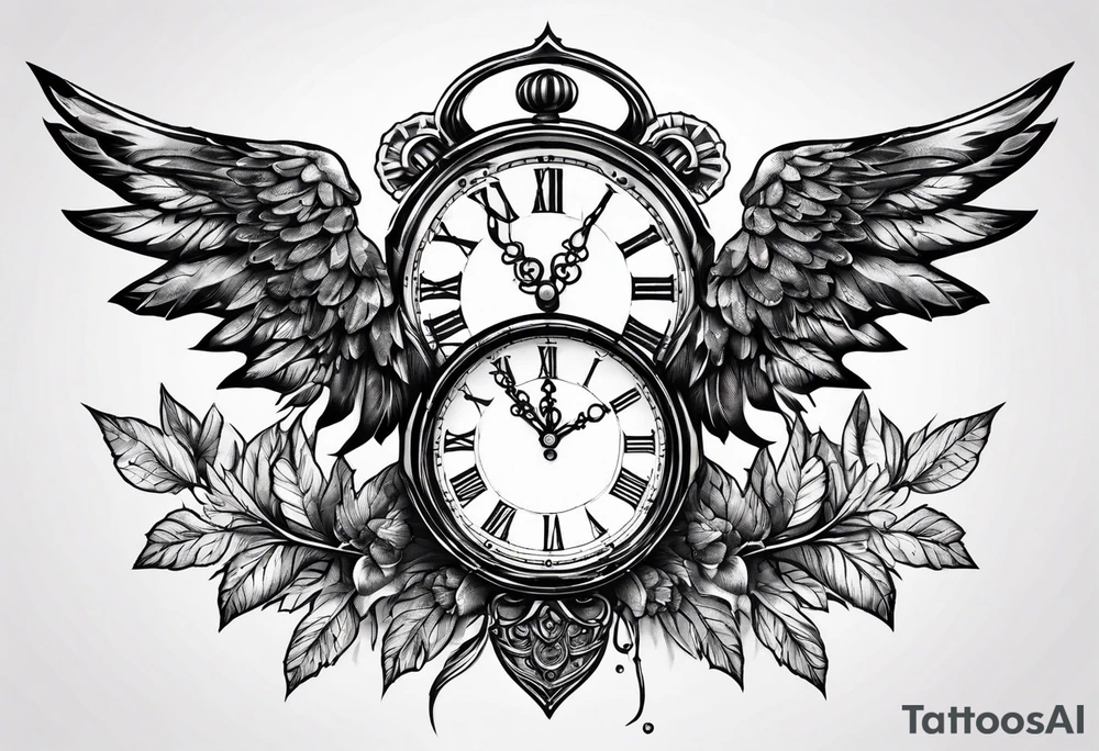 skeleton key wings clock leaves tattoo idea