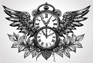 skeleton key wings clock leaves tattoo idea