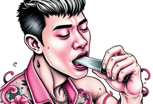 Handsome Asian young guy is licking a ritual knife tattoo idea