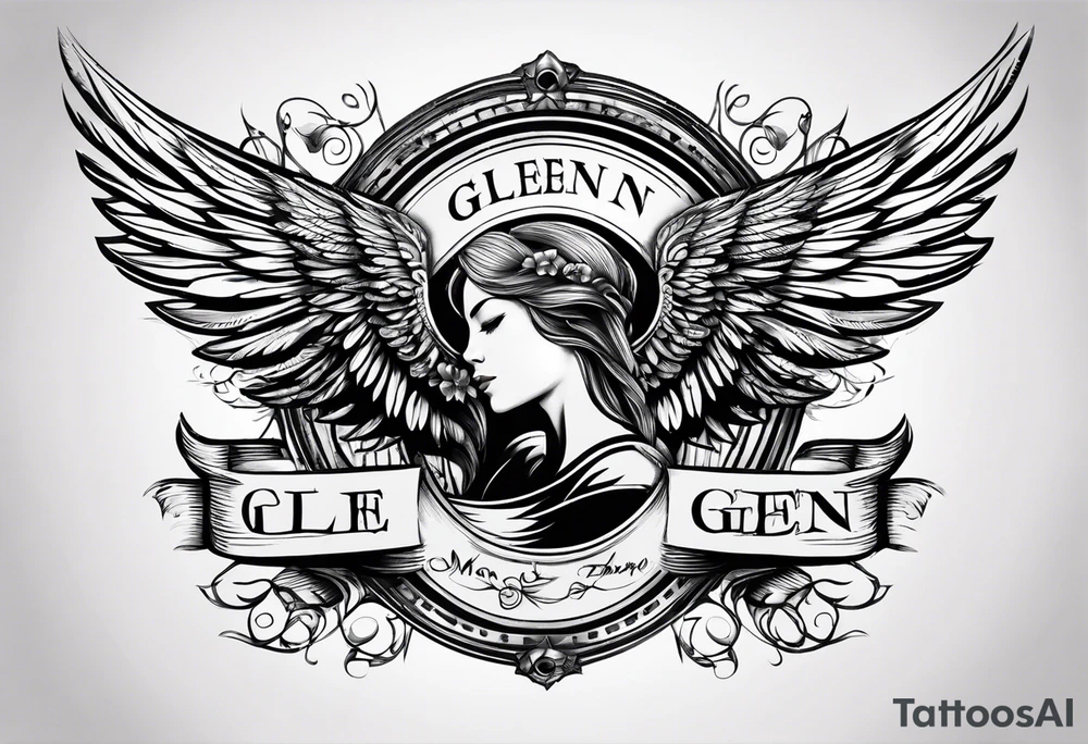 Simple tattoo with the word Glenn on a banner and angel wings tattoo idea