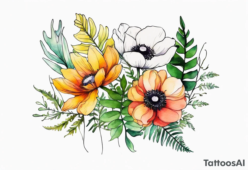 Multicolored wild flower bouquet with ferns and white anemone all watercolor tattoo idea