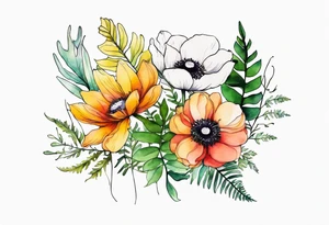 Multicolored wild flower bouquet with ferns and white anemone all watercolor tattoo idea