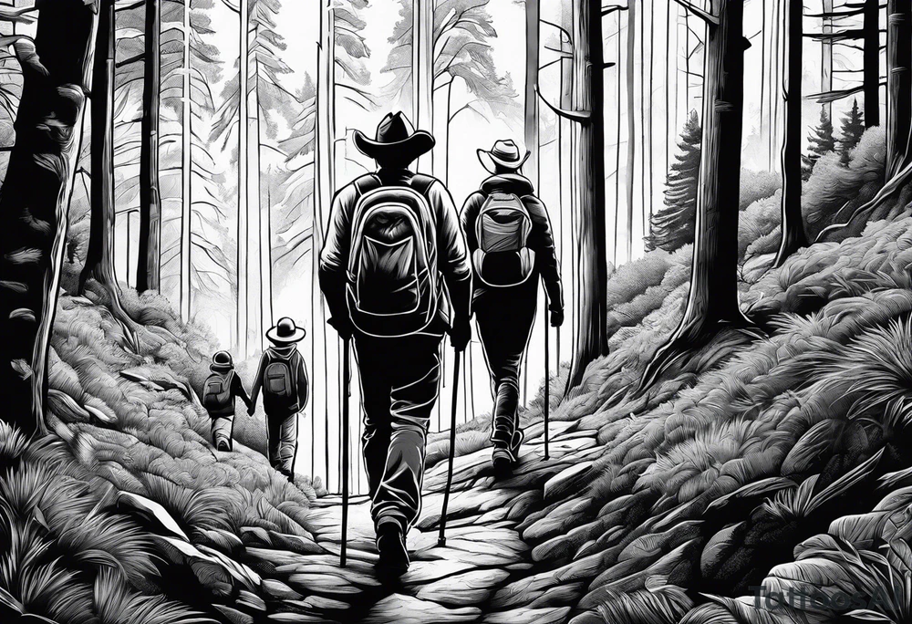 A man with his family hiking through the Forrest. Add Mexican American tone tattoo idea