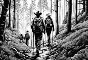 A man with his family hiking through the Forrest. Add Mexican American tone tattoo idea