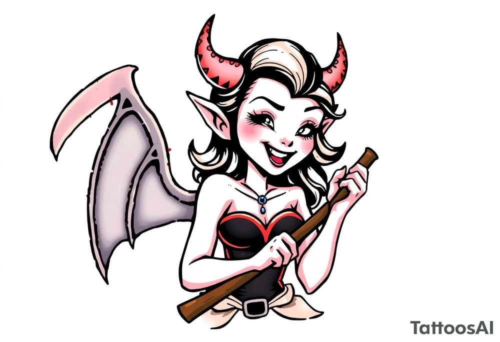 Pinup demon girl smiling while holding a bloody hatchet tattoo idea