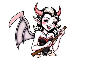 Pinup demon girl smiling while holding a bloody hatchet tattoo idea