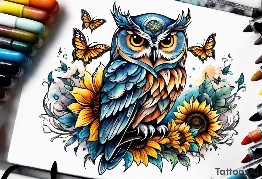 Owl with angel wings surrounded by sunflowers and butterflies sleeve tattoo idea