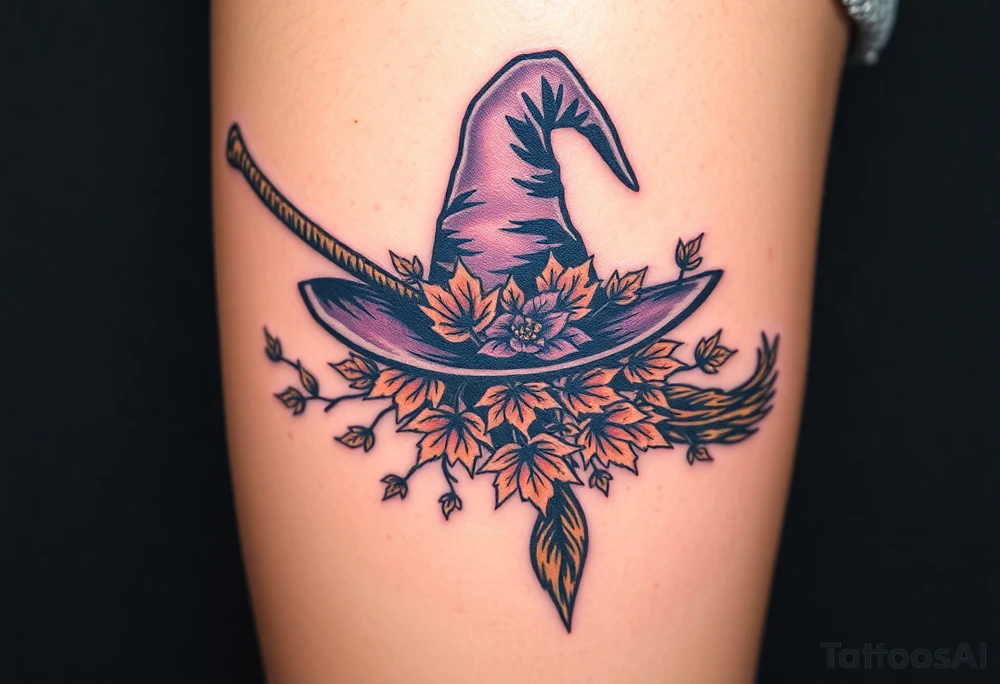 Which is broom with handle
 a witches hat with fall maple leaves and vines tattoo idea