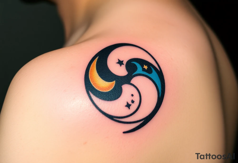 A yin-yang symbol, with one half glowing white with soft golden accents (good) and the other dark with deep blue and black elements (evil), symbolizing balance and duality tattoo idea