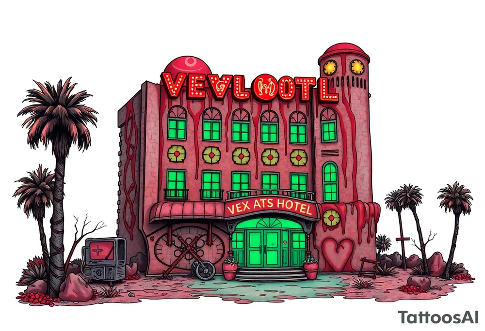 Tim Burton’s vegas sex hotel from outside viewis abandoned and dripping with muted reds, dusty pinks, and eerie green glow. tattoo idea tattoo idea