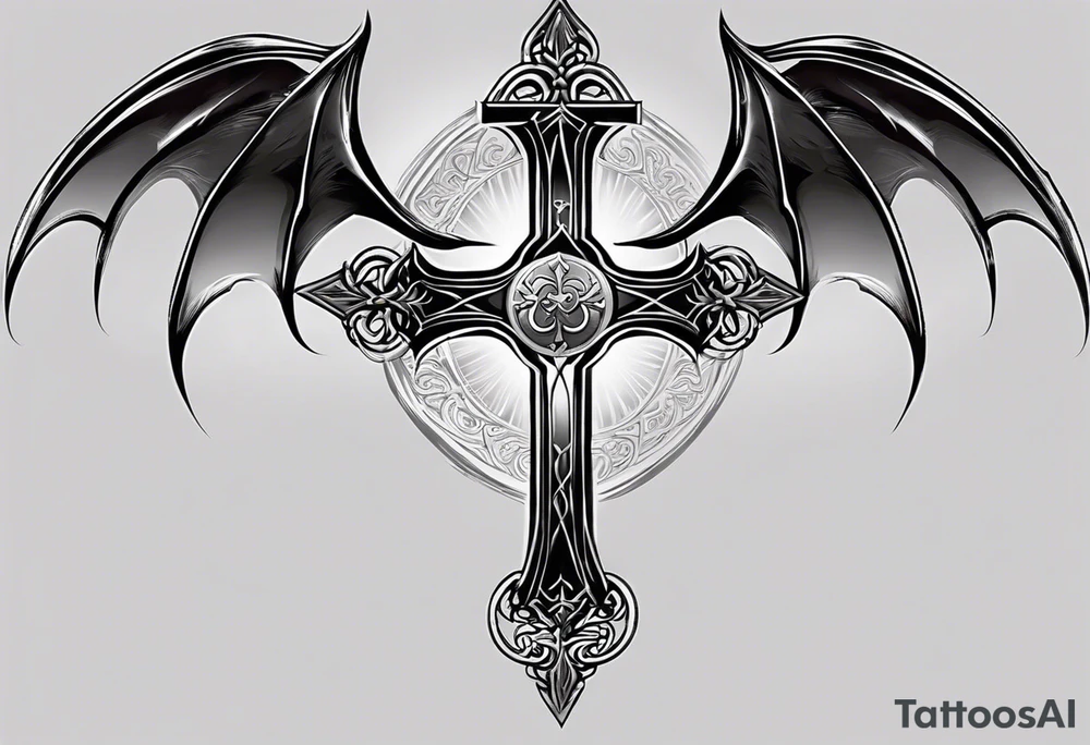 A Christian cross with sharp lower end imbedded into the ground that has roots growing from it. The cross is in the middle of two huge dragon wings. In the middle of the cross is an eye ball tattoo idea