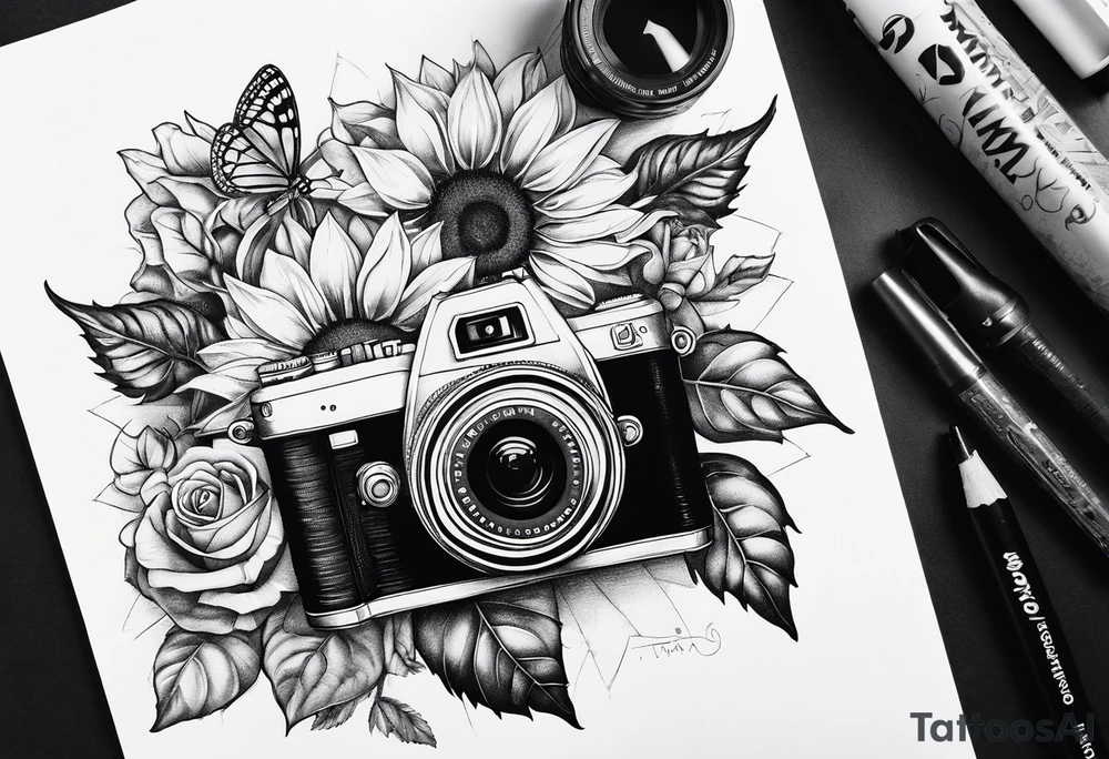 Book, sunflower, camera, butterfly, flower rose tattoo idea Book, sunflower, camera, butterfly, flower rose tattoo idea