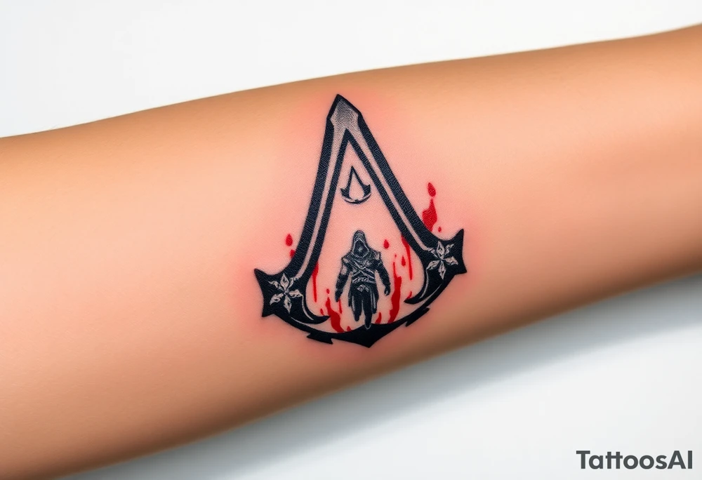 Assassins Creed emblem with Ezio hooded character with blood splashes and weapons as the bottom logo tattoo idea